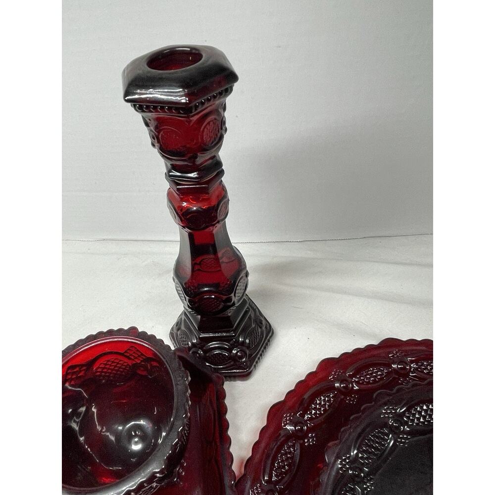 Avon Dark Red Embossed Glassware Set Plates Cups Candle Holder Pie Server - Picture 4 of 8